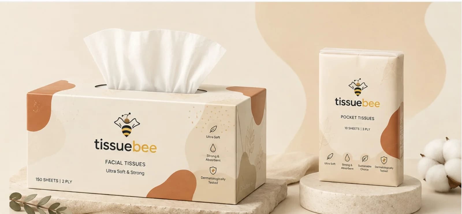 TissueBee facial tissue box and pocket tissue pack in branded cream packaging